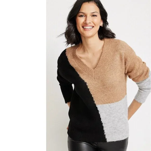 Vigoss Sweater Size Medium Colorblock V Neck Knit Cozy Pullover Long Sleeve Tan - Picture 8 of 10
